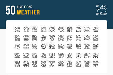 Set of 50 Weather icons related to Sunny, Partly Overcast, Rain, Snow Line Icon collection - obrazy, fototapety, plakaty