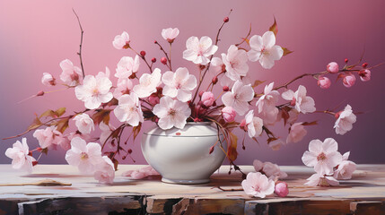 A graceful composition of cherry blossoms in soft pinks and whites, delicately arranged against a calm and soothing background