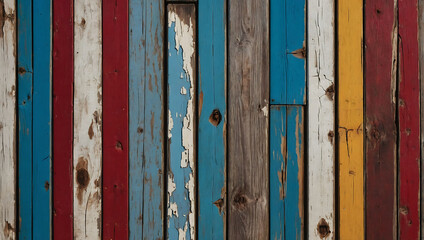 Antique wooden plank texture with cracked paint in white, red, yellow and blue colors. Horizontal retro background with wooden planks of different colors Looks Less. AI generated