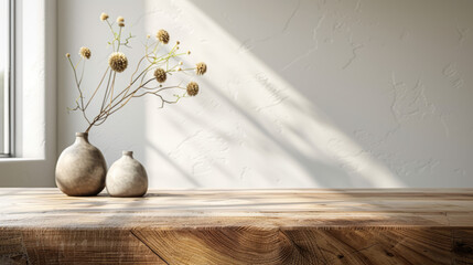 A detailed wooden table holds two simple vases under a soft beam of sunlight, creating a contemplative ambiance
