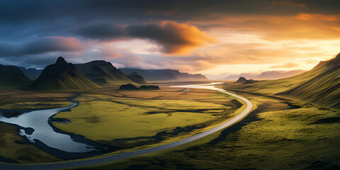 Scenic road in Iceland beautiful nature landscape aerial panorama mountains and coast at sunset
 - obrazy, fototapety, plakaty