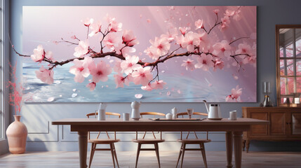 A tranquil scene featuring cherry blossoms scattered on a smooth surface, creating a serene...