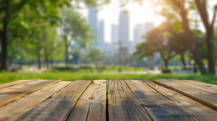A wooden plank platform in the foreground with a sunlit park and city skyline in the distance suggests urban nature harmony