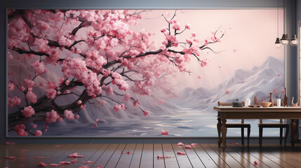 A tranquil scene featuring cherry blossoms scattered on a smooth surface, creating a serene...