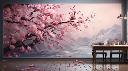 Foto op Plexiglas A tranquil scene featuring cherry blossoms scattered on a smooth surface, creating a serene atmosphere against a gentle background © SHAN.