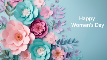 Flat lay of beautiful paper flowers for women's day with copy space
