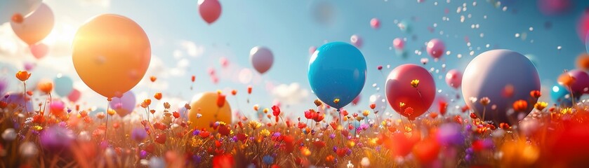 Photorealistic image of colorful balloons in free fall over a vibrant meadow, natural lighting ,3DCG,high resulution - obrazy, fototapety, plakaty