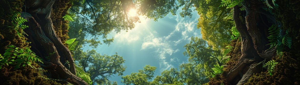 Photorealistic image of sky through trees from a mossy hole, sun glare visible above ,3DCG,high resulution