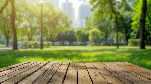 Wide-angle picture focusing on a wooden platform with a sunlit, verdant city park in the background, offering a feel of peace