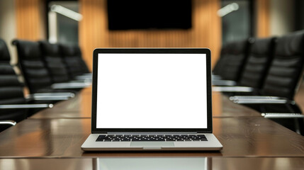 Laptop with blank screen on wooden table in modern conference room. Mockup. 