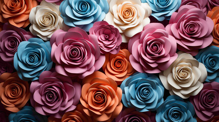 An artistic arrangement of roses in different colors, forming a visually pleasing pattern against a simple and elegant backdrop