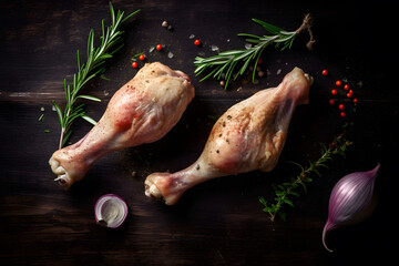 Fresh raw chicken legs with herbs and spices on a wooden table. Top view. - obrazy, fototapety, plakaty
