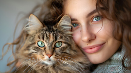 Portrait of young woman holding cute siberian cat with green eyes. Female hugging her cute long hair kitty. Background, copy space, close up. Adorable domestic pet concept.Generative Ai