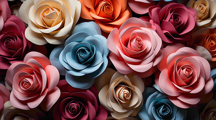 An artistic arrangement of roses in different colors, forming a visually pleasing pattern against a...