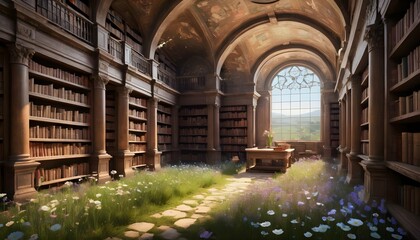 An Ancient Library Where The Books Bloom Like Flow - obrazy, fototapety, plakaty