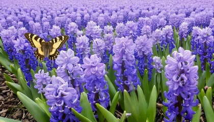 Butterflies Fluttering Around A Field Of Hyacinths  2 - obrazy, fototapety, plakaty