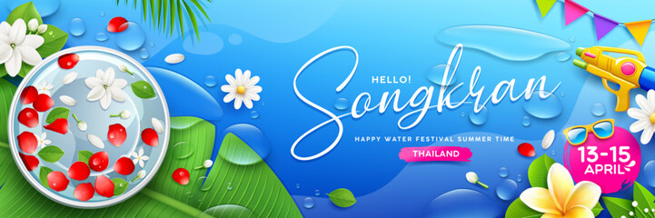 Songkran water festival thailand, water and flower in bowl, banana leaf, water gun, clear water drop and flag summer holiday banners design on blue background, Eps 10 vector illustration
