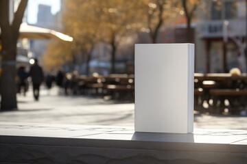 Closed book with blank covers perched vertically in a city park with people walking