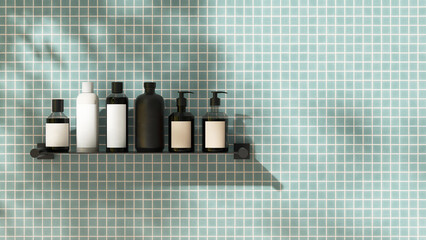 Mock up blank label of shampoo, soap, lotion, moisturizer bottle dispenser on shelf on green turquoise mosaic tile wall in dappled sunlight, tree leaf foliage shadow for luxury product background 3D