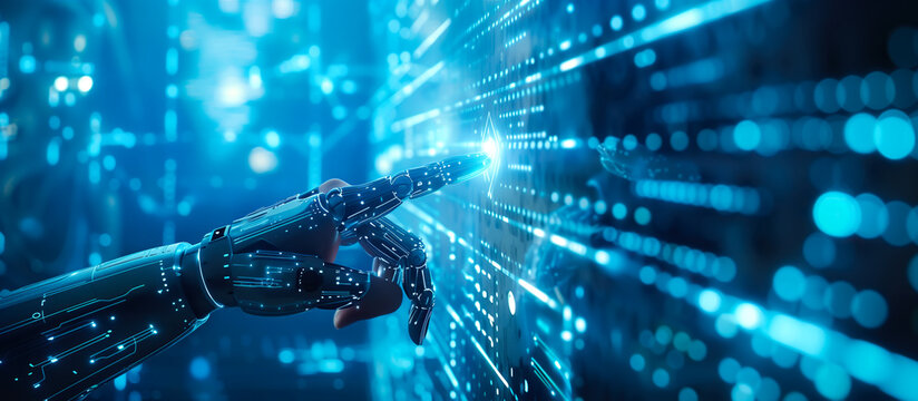 A robot hand points towards a holographic display showcasing cyber security symbols. The intersection of Artificial Intelligence, cyber security, and global communication technology. Generative AI.