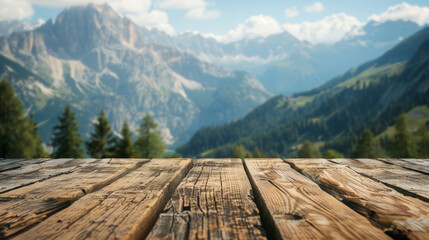 An empty wooden table with blurred scenic mountainous background, ideal for product display