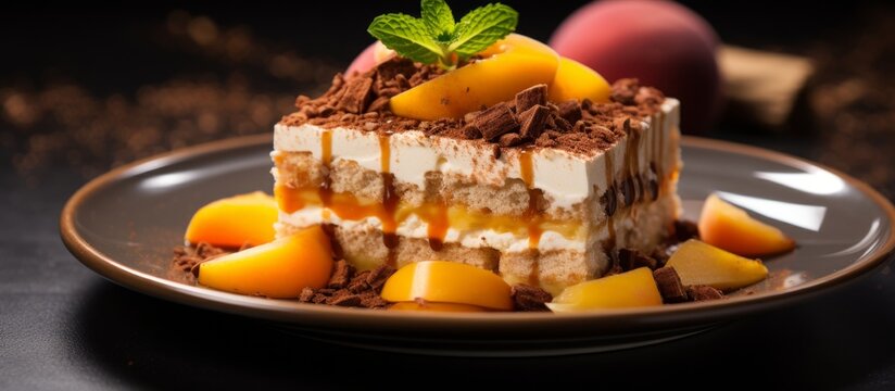 Delicious cake adorned with fresh fruit slices placed neatly on a ceramic plate - Powered by Adobe