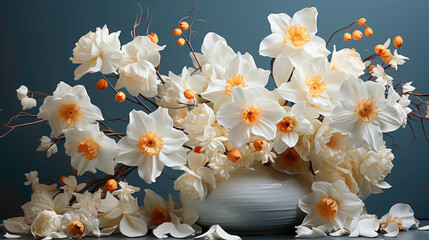 A dreamy composition featuring a cluster of daffodils in various stages of bloom, set against a...