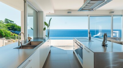 A minimalist kitchen with high-end stainless steel appliances and a stunning view of the ocean raw AI generated illustration