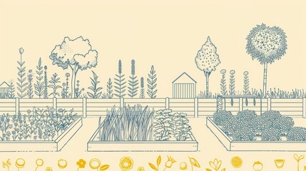 A minimalist outline of a community garden with raised beds and pollinator-friendly plants AI generated illustration