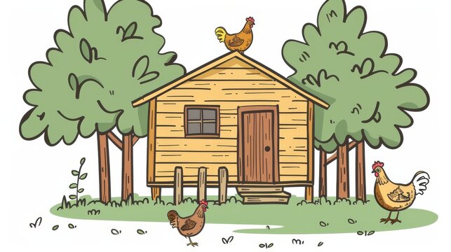 A minimalist outline of a backyard chicken coop with free-range hens AI generated illustration