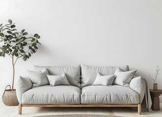 Photo of Scandinavian living room with grey sofa against empty wall mockup, simple design concept
