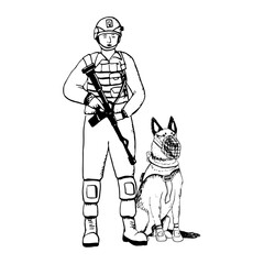 K9 soldier with sitting dog of German shepherd or belgian malinois vector illustration. Ink drawing of military guard dog for Veteran day designs