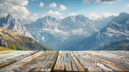 Weathered wooden planks with a vibrant mountain landscape, suitable for background display