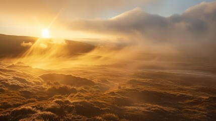 A misty moorland at sunrise with sunlight breaking through the clouds raw AI generated illustration