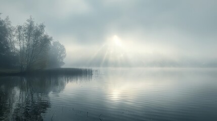 A misty morning on the shores of a tranquil lake with sunlight breaking through the clouds AI generated illustration