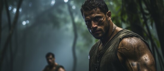 Two men are in a lush green jungle, one in the foreground and the other in the background amidst tall trees and foliage