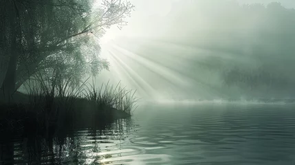 Foto op Plexiglas A misty morning on the shores of a tranquil lake with sunlight breaking through the fog AI generated illustration © Olive Studio