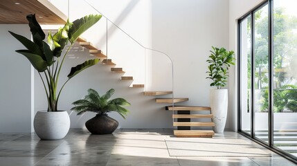 A modern entryway with a statement staircase and minimalist decor raw AI generated illustration