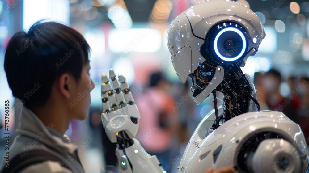 Poster a person engaging in conversation with a robotic ai about the implications of machine learning on so