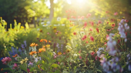 Obraz premium A peaceful garden filled with blooming flowers with sunlight streaming through the foliage AI generated illustration