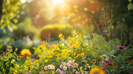 Fototapeta premium A peaceful garden filled with blooming flowers with sunlight streaming through the foliage AI generated illustration