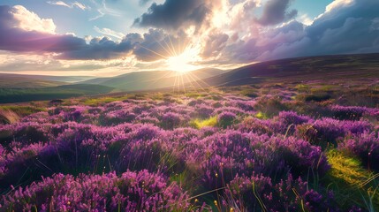 A peaceful hillside covered in blooming heather with sunlight streaming through the clouds raw AI generated illustration - obrazy, fototapety, plakaty