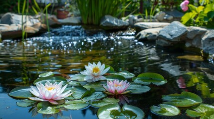 A peaceful garden pond with lily pads floating on the surface AI generated illustration