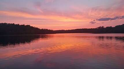 Obraz premium A pristine lake at sunset with the sky ablaze in shades of pink and orange raw AI generated illustration