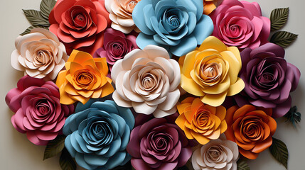 A captivating arrangement of multicolored roses, each petal displaying a unique shade, set against...