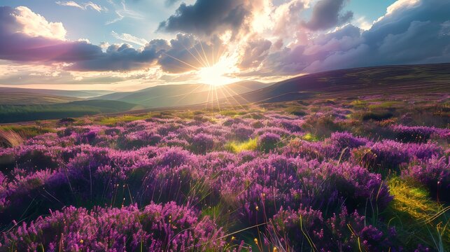 A peaceful hillside covered in blooming heather with sunlight streaming through the clouds raw AI generated illustration