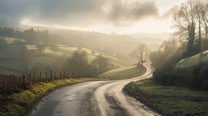 A quiet country road winding through rolling hills with sunlight filtering through the clouds raw AI generated illustration