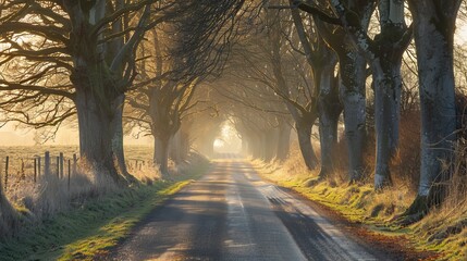 A quiet countryside road lined with trees with sunlight streaming through the branches AI generated illustration - obrazy, fototapety, plakaty
