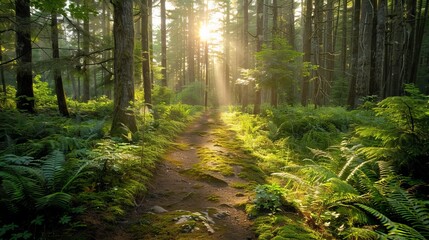 A quiet woodland path lined with ferns and moss with sunlight filtering through the trees raw AI generated illustration