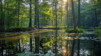 A quiet woodland pond surrounded by tall trees with sunlight dappling the waters surface AI generated illustration